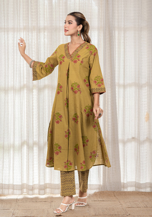 Mehandi Green floral Hand block print flared Kurta with pant
