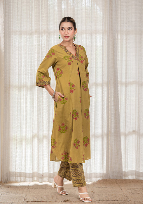 Mehandi Green floral Hand block print flared Kurta with pant