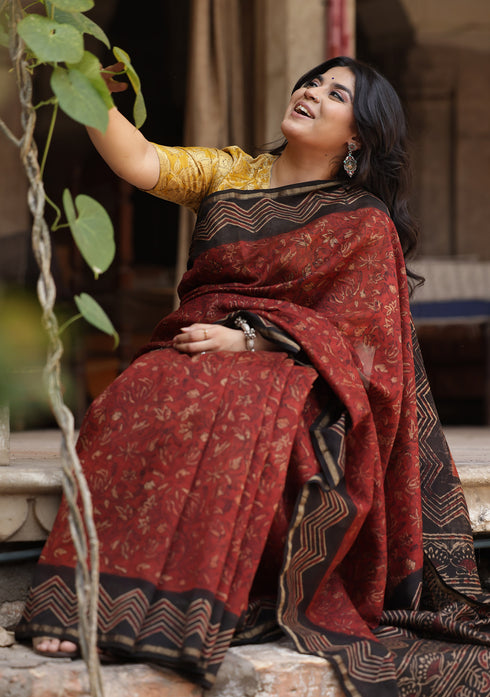 Saksha Red Jaal Ajrakh Print Saree with Yellow Blouse