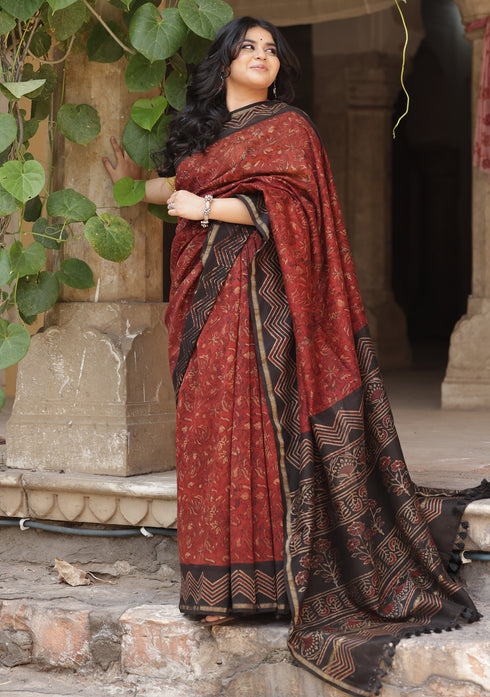 Saksha Red Jaal Ajrakh Print Saree with Yellow Blouse