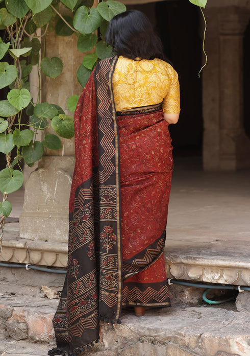 Saksha Red Jaal Ajrakh Print Saree with Yellow Blouse
