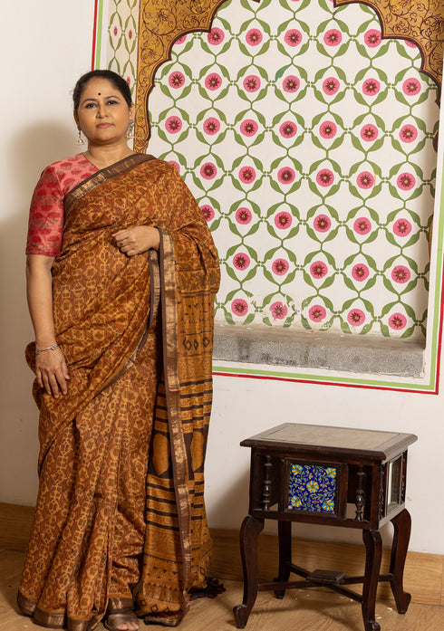 Varuna Gold Yellow Ajrakh Print Saree with Red Blouse