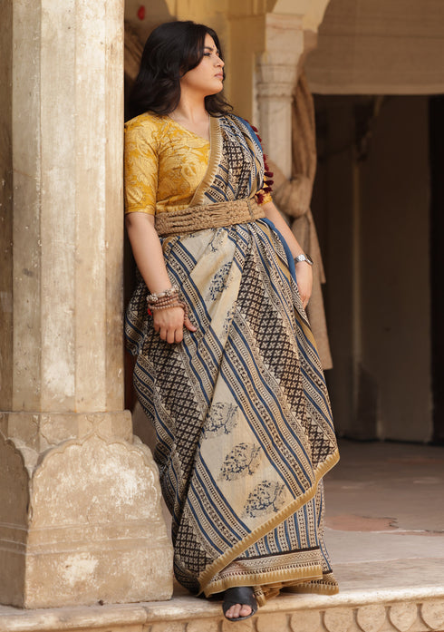 Saksha Indigo & Black Bagru print Saree with Yellow Blouse
