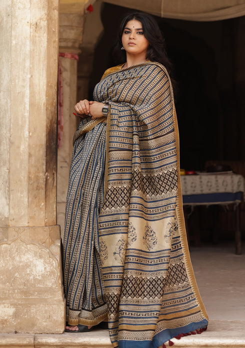 Saksha Indigo & Black Bagru print Saree with Yellow Blouse