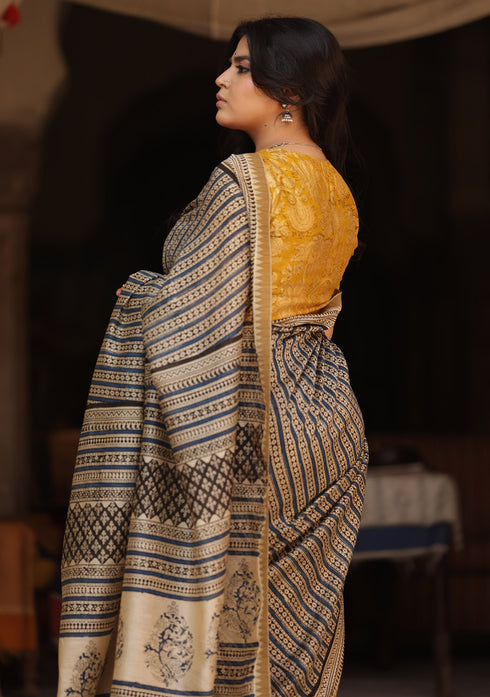 Saksha Indigo & Black Bagru print Saree with Yellow Blouse