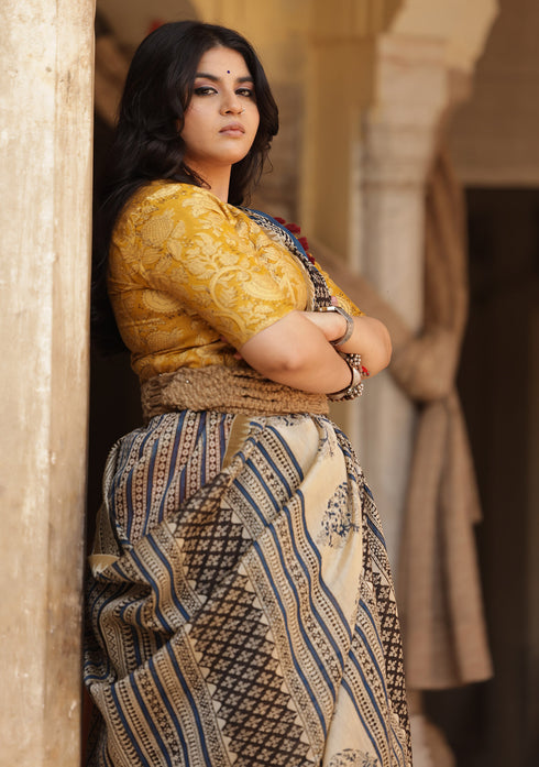 Saksha Indigo & Black Bagru print Saree with Yellow Blouse