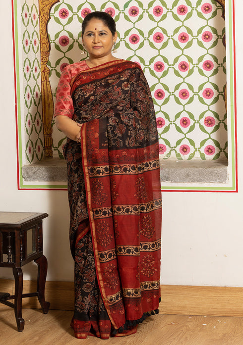 Varuna Black Jaal Ajrakh Print Saree with Red Blouse