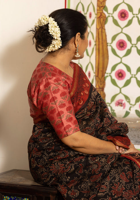 Varuna Black Jaal Ajrakh Print Saree with Red Blouse