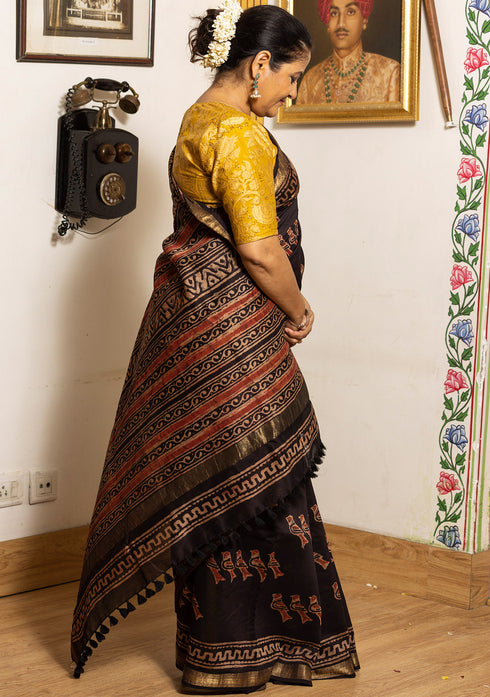 Varuna Black Bird Ajrakh Print Saree with Yellow Blouse