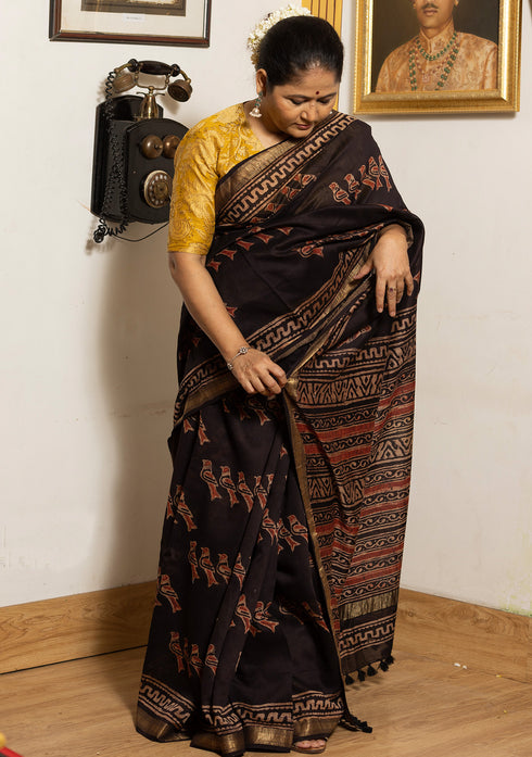Varuna Black Bird Ajrakh Print Saree with Yellow Blouse