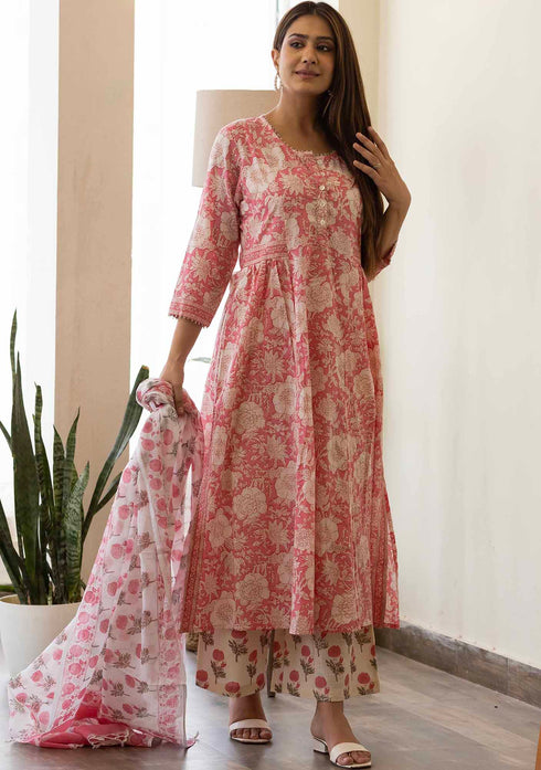Sanganeri Rose Print Flared Kurta with Pant and Dupatta (set of 3)
