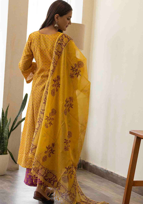 Discharge Gold Yellow Print Aline Kurta with Pant and Dupatta. (set of 3)