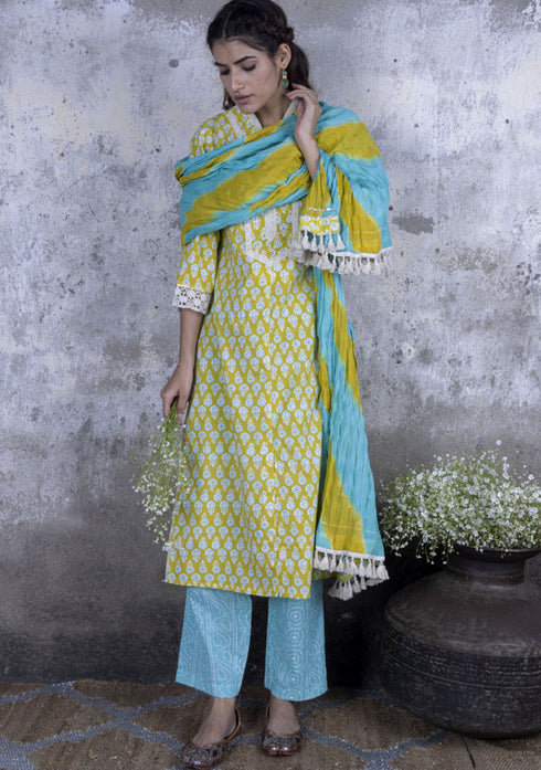 Lime Green Straight Kurta with Pant & Dupatta (Set of 3)