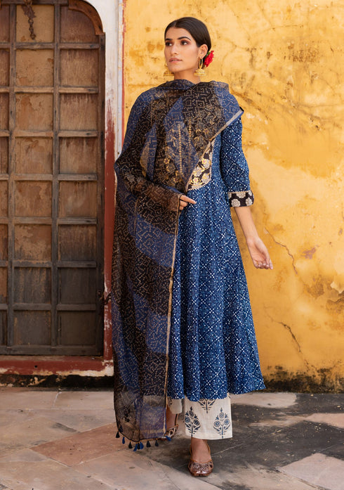 Indigo Dabu Gota Patti Anarkali Suit (Set of 3)