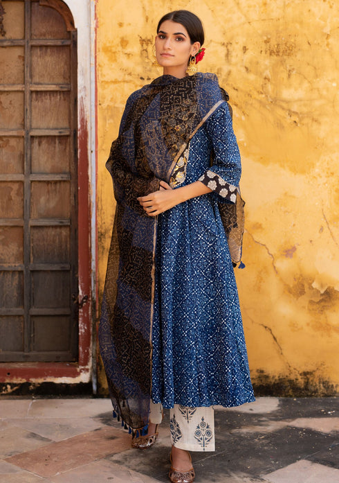 Indigo Dabu Gota Patti Anarkali Suit (Set of 3)