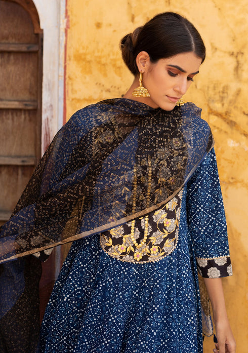 Indigo Dabu Gota Patti Anarkali Suit (Set of 3)