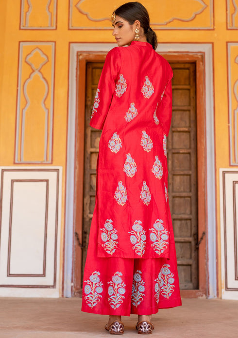 Red Block Printed Chanderi Suit with Gota Dupatta (Set of 3)