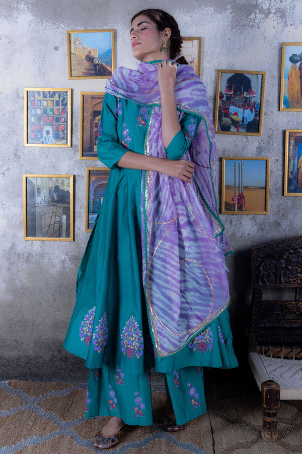 Pine Green Chanderi Anarkali Suit with Gota Dupatta (Set of 3)