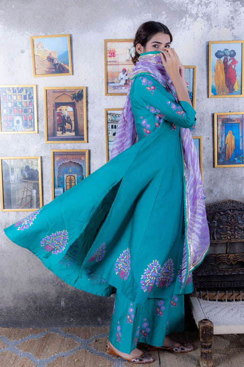 Pine Green Chanderi Anarkali Suit with Gota Dupatta (Set of 3)