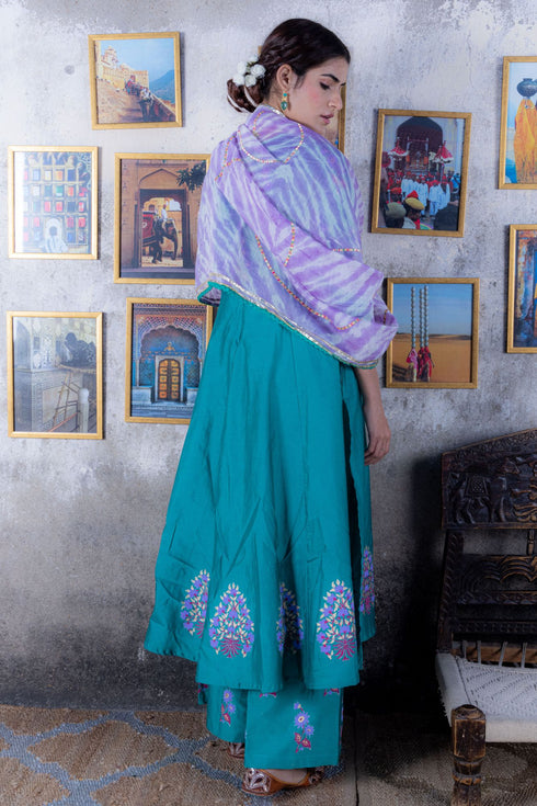 Pine Green Chanderi Anarkali Suit with Gota Dupatta (Set of 3)