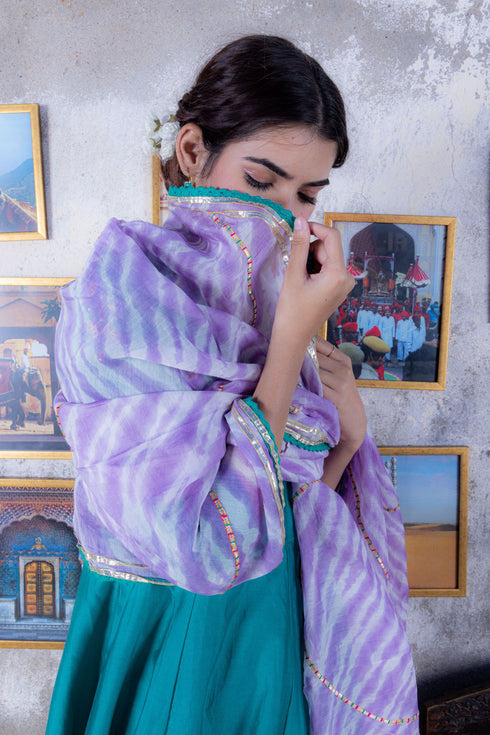 Pine Green Chanderi Anarkali Suit with Gota Dupatta (Set of 3)