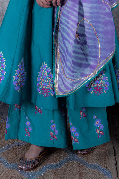 Pine Green Chanderi Anarkali Suit with Gota Dupatta (Set of 3)