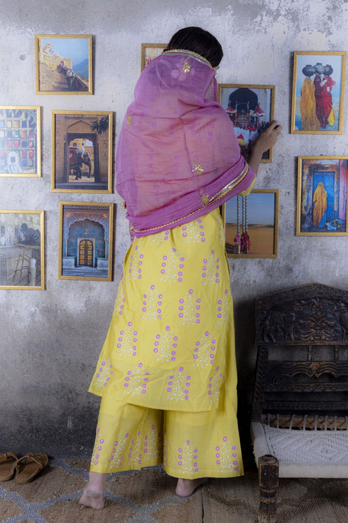 Yellow Block Printed Chanderi Suit with Gota Dupatta (Set of 3)