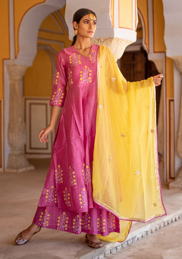 Mulberry Chanderi Anarkali Suit with Gota Dupatta (Set of 3)