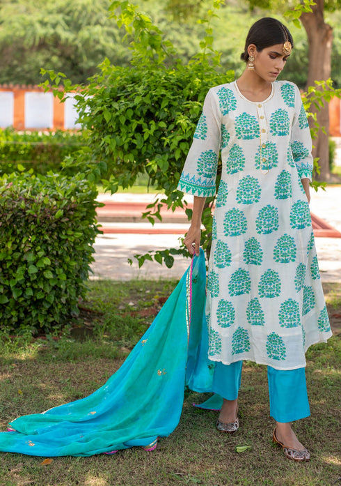 Block Printed Chanderi A-line Suit with Gota Dupatta (Set of 3)