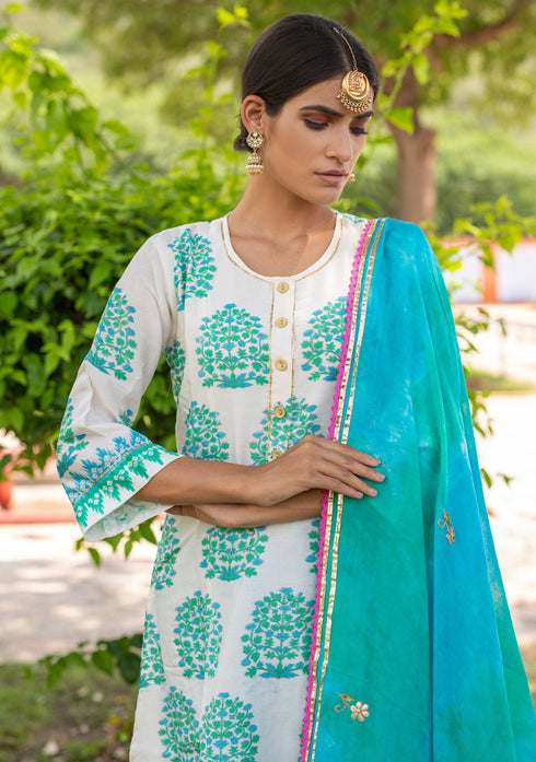 Block Printed Chanderi A-line Suit with Gota Dupatta (Set of 3)