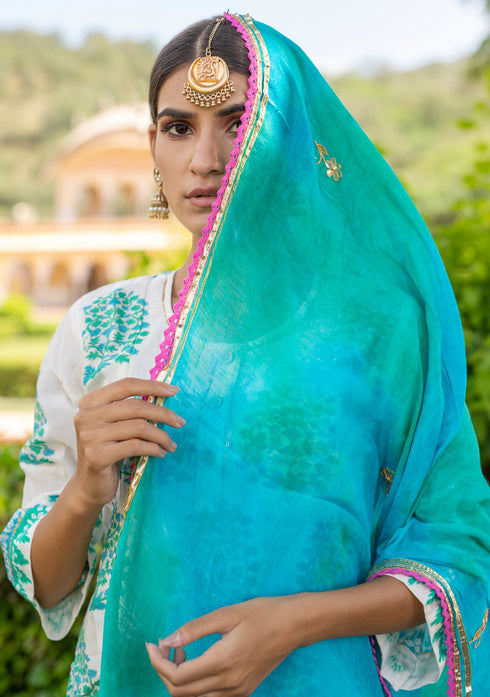 Block Printed Chanderi A-line Suit with Gota Dupatta (Set of 3)