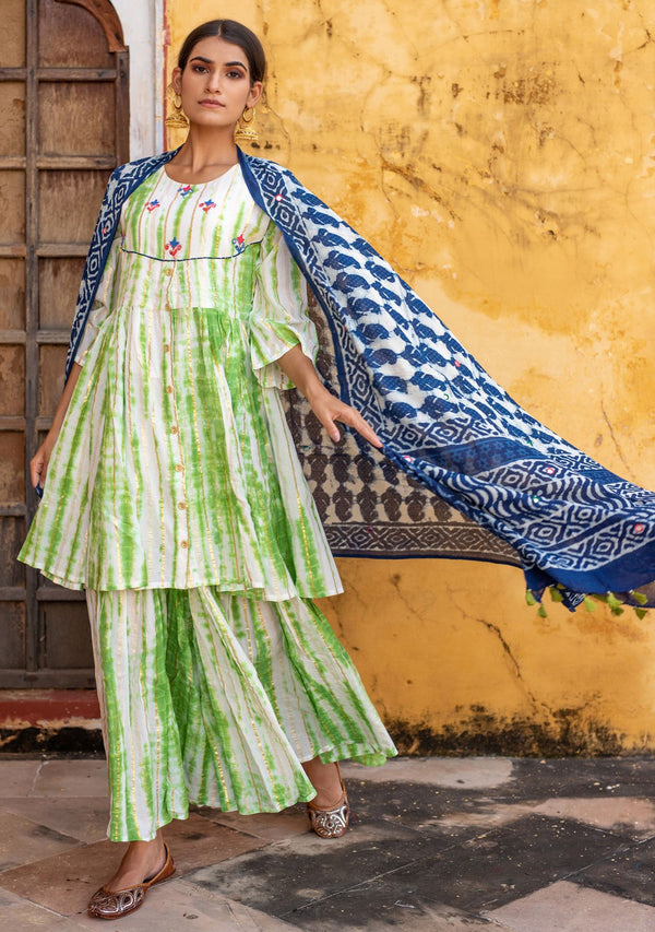 Green T/D Lurex Aari Work Sharara Suit (Set of 3)