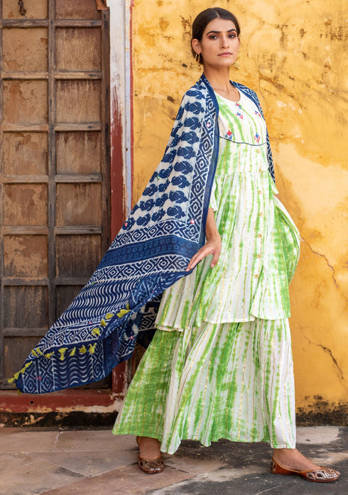 Green T/D Lurex Aari Work Sharara Suit (Set of 3)