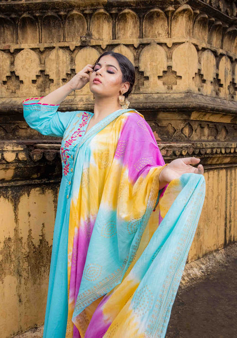 Aqua Blue Embroidered Anarkali Suit Set (Set of 3)