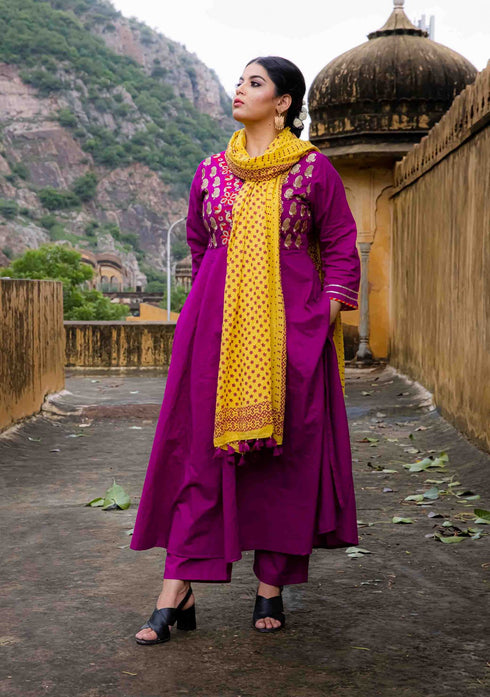 Wild Berry Embroidered Anarkali Suit Set (Set of 3)