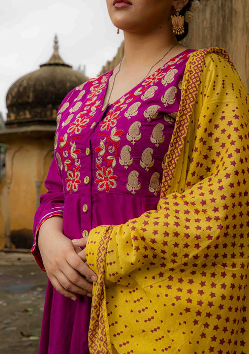 Wild Berry Embroidered Anarkali Suit Set (Set of 3)