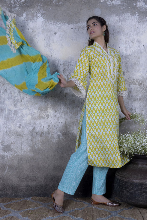 Lime Green Straight Kurta with Pant & Dupatta (Set of 3)