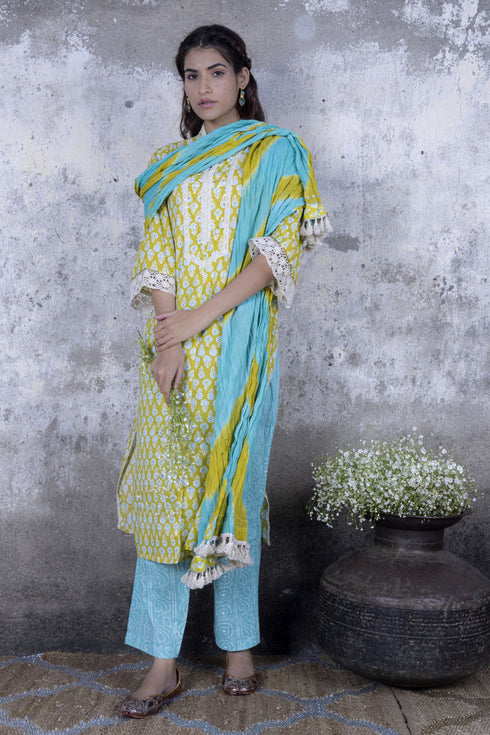 Lime Green Straight Kurta with Pant & Dupatta (Set of 3)