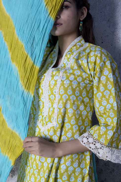 Lime Green Straight Kurta with Pant & Dupatta (Set of 3)