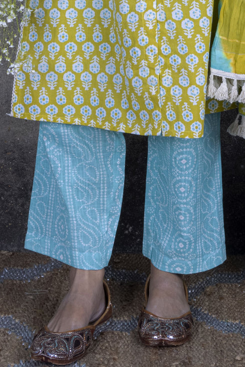 Lime Green Straight Kurta with Pant & Dupatta (Set of 3)