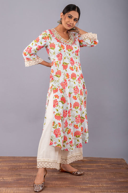 Baby Blue Floral Print A-line kurta with Palazzo (Set of 2)