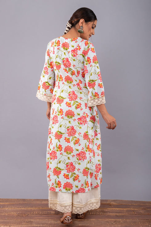 Baby Blue Floral Print A-line kurta with Palazzo (Set of 2)