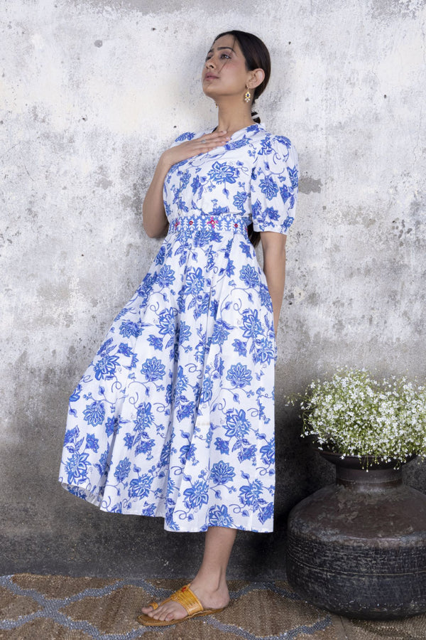 Blue Open Jaal Flared Midi Dress with Belt