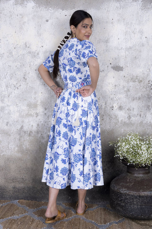 Blue Open Jaal Flared Midi Dress with Belt