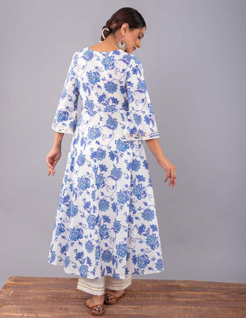 Blue Open jaal Print Anarkali Kurta with pant (Set of 2)