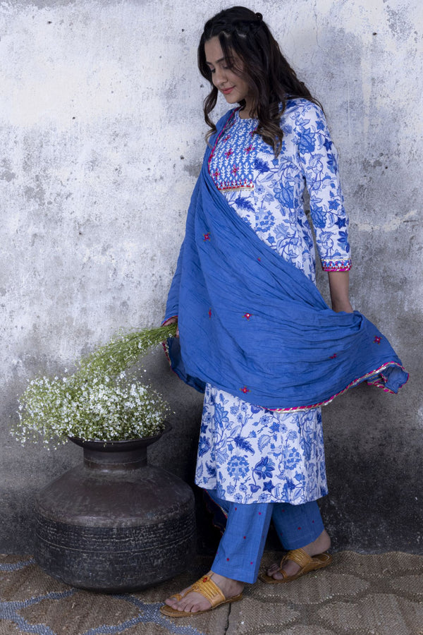 Indigo Floral Print A-line Kurta with Pant & Dupatta (Set of 3)