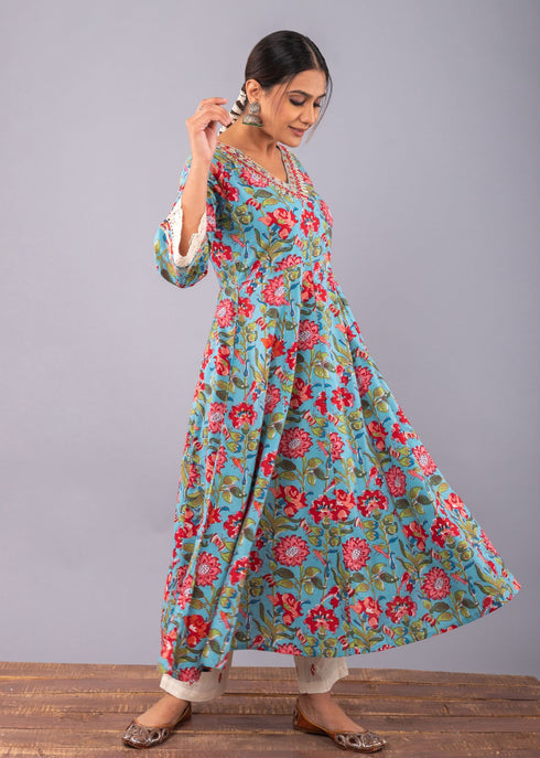 Teal Blue Floral Print Anarkali Kurta with Pant. (Set of 2)