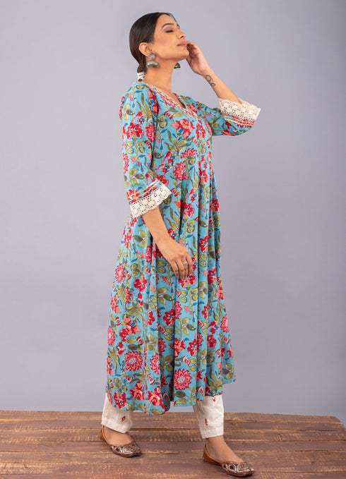 Teal Blue Floral Print Anarkali Kurta with Pant. (Set of 2)