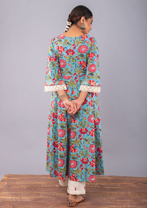 Teal Blue Floral Print Anarkali Kurta with Pant. (Set of 2)
