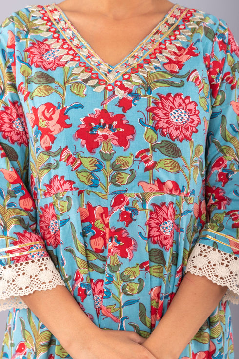 Teal Blue Floral Print Anarkali Kurta with Pant. (Set of 2)